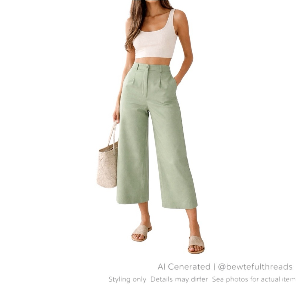 Sage Green Wide Leg Crop Pants Elastic Waist Coastal Minimalist